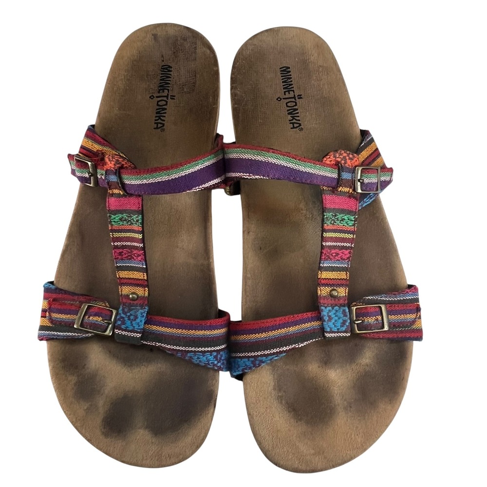 Minnetonka Womens‎ Multicolor Woven Boho Buckle Slide Sandals Flat T-Strap 11